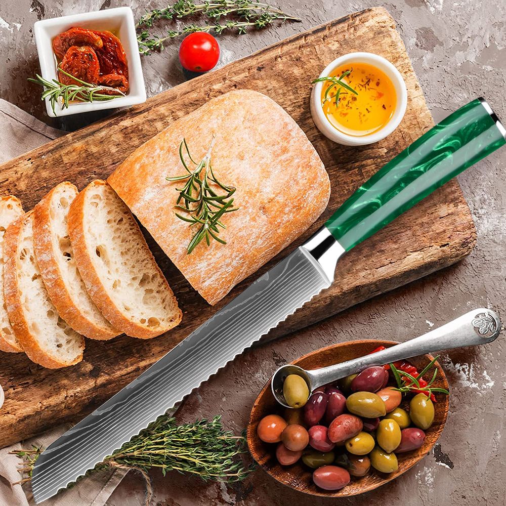 Conjunto de Facas de Cozinha, Conjunto de 15 Facas com Bloco de Madeira, Faca com Padrão Damasco a Laser em Aço de Alto Carbono Japonês com Facas de Bife