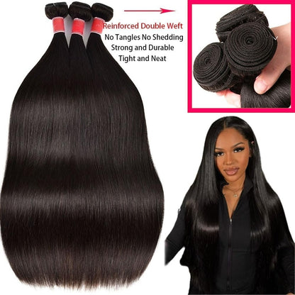 Cabelo Humano Liso de 12-32 Polegadas, 100% Não Processado, Tecer Brasileiro, 3 Pacotes, Extensões de Cabelo Preto Sedoso, Cabelo Cru, Rápido de Tecer