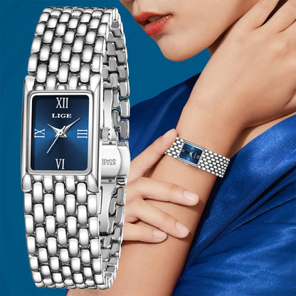 LIGE Silver Watch for Women Square Ladies Quartz Wristwatches Stainless Steel Women Small Gold Watch Luxury Casual Fashion Watch