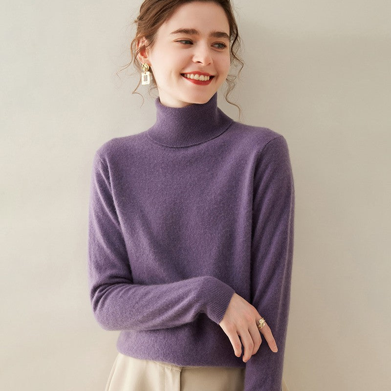 Suéter de Cashmere Feminino Gola Alta Manga Comprida Pulôver de Malha 100% Cashmere Puro Suéter Básico Versão Coreana Top Feminino