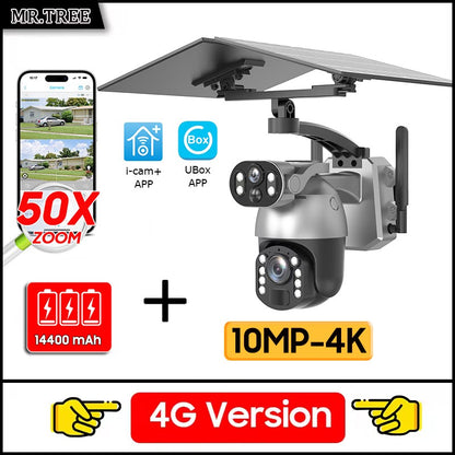50XZOOM Solar Camera 4G SIM/WiFi Dual Lens Outdoor Security Camera with Night Vision,Waterproof Wireless Surveillance for Garden