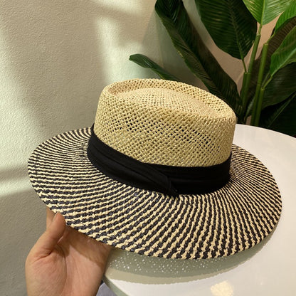 Chapéu de Palha Feminino de Verão Chapéu de Sol Luxuoso Feminino Chapéu de Praia de Proteção Solar da Moda Chapéu Panamá Francês Chapéu Raff de Aba Larga com Topo Abaulado