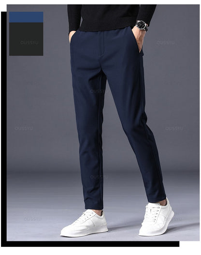 Winter Warm Men's Fleece Pants Thick Business Stretch Slim Fit Elastic Waist Jogger Korean Classic Black Gray Blue Trousers Male