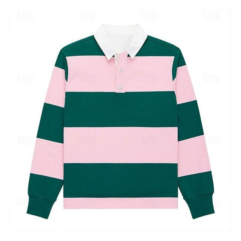 Fashion Stripe Block Color Polo Shirt 3D Printed Creative Multicolored Long Sleeve Pullover Autumn Outdoor Sports Casual Clothes
