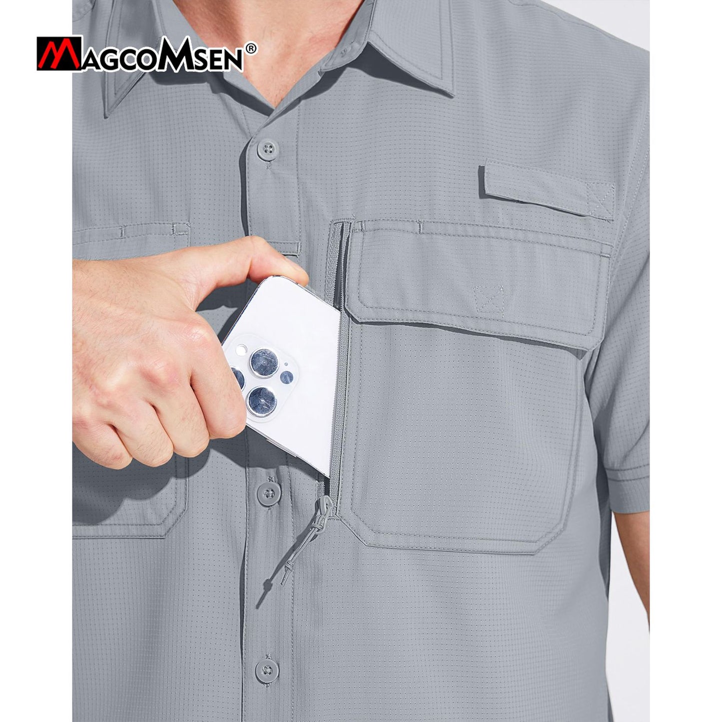 MAGCOMSEN Mesh Breathable Shirt Men's Quick Dry Button Short Sleeves UPF 50+ Sun Protection Hiking Fishing Work Cargo Shirts