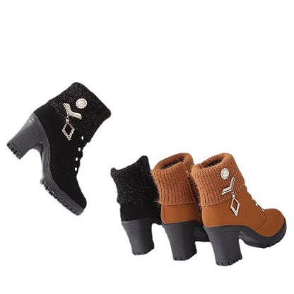 Women's Designer High Heels Shoes 2023 Winter New Warm Non-slip Block Cow Suede Warm Snow Boots Fashion Crystal Plush Goth Botas