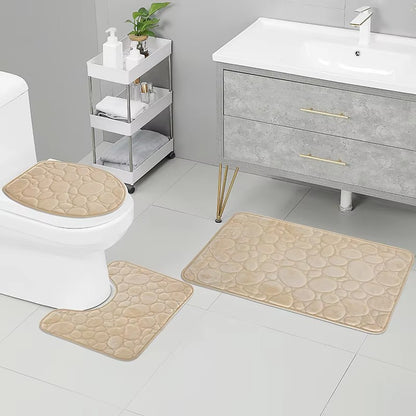 3pcs/Set Solid Color Simple Bathroom Water-absorbing and Non-slip Floor Mat Stone Pattern, Comfortable and Soft, Three-piece Set