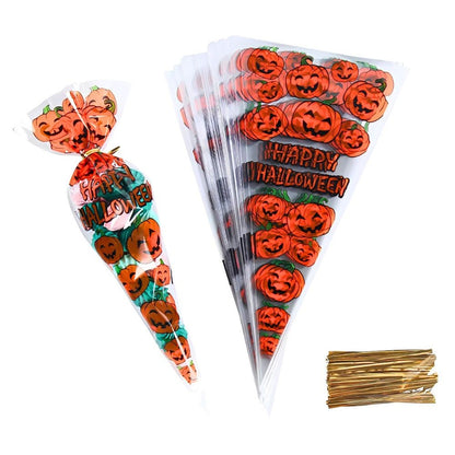 50/100pcs Cute Pumpkin Triangle Candy Bags Happy Halloween Print Cone Snack for Party Giveaways YMY