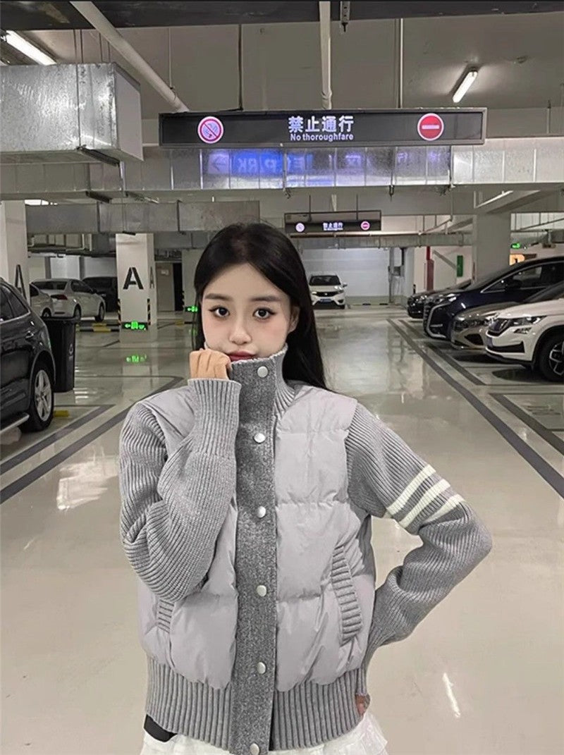 Little Women's Wear Knitted Stitching Coat Down Cotton-padded Short Female 2025 Winter Casual Jacket Loose Collar Thick Overwear