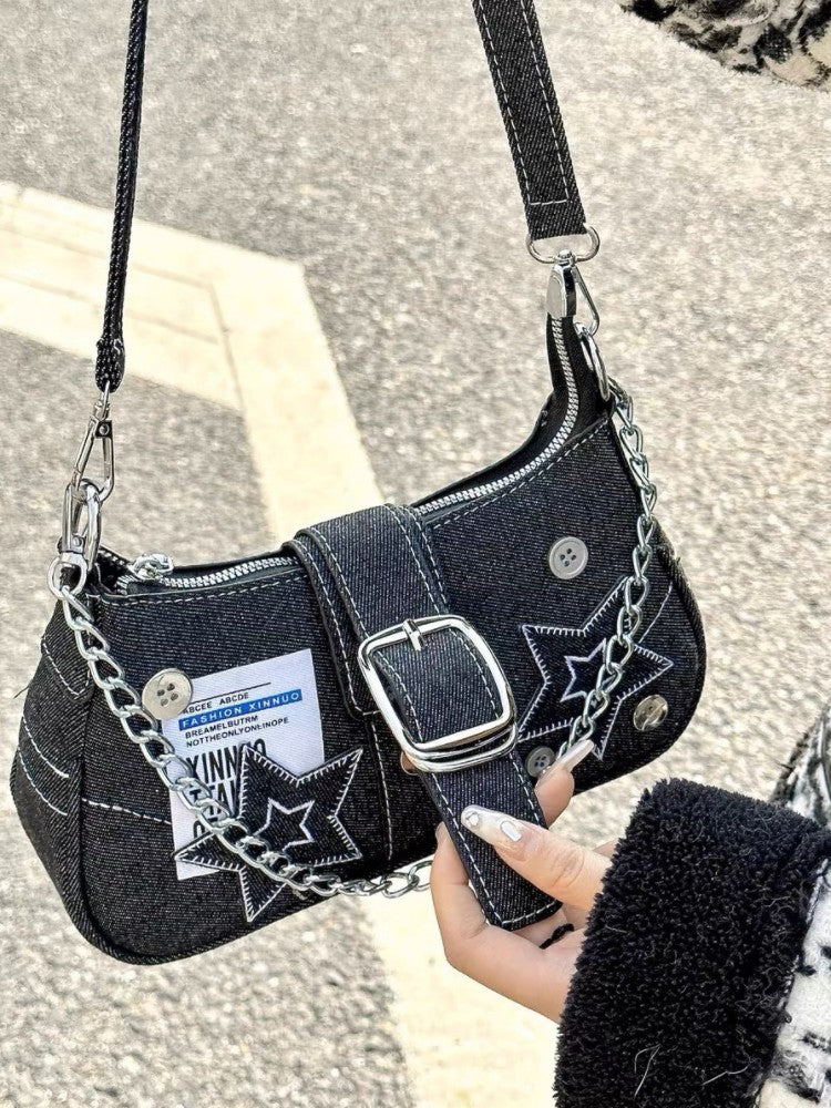 Y2k Fashion Women's Handbags Stars Pattern Cool Girls Underarm Bag Vintage Canvas Female Small Shoulder Bags Chain Tote Purses