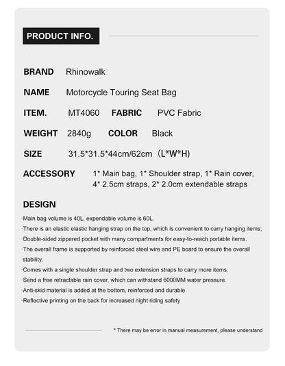 Motorcycle Tail Bag Waterproof 20L-60L Expandable Back Seat Saddle Bag Luggage Pannier Motorcycle Accessories Rider Backpack