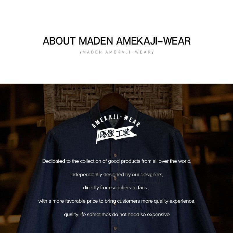 Maden Men Vintage Single Pocket Workwear Denim Shirt Long Sleeved Slim Fit Casual Shirt Single Breasted Turn-Down Collar Blouse