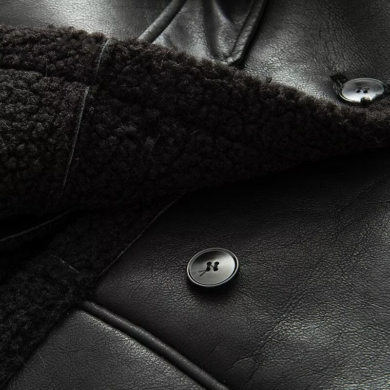 Women's Coat 2025 Autumn New Style Black Long-Sleeve Leather and Fur Integrated Coat with Belt High-End Outerwear Elegant