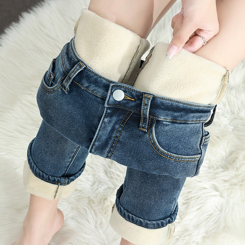 Women's Winter Fleece Warm Jeans Retro Elastic Thickened Comfortable Straight Fashion Korean Casual Female Velvet Denim Pants