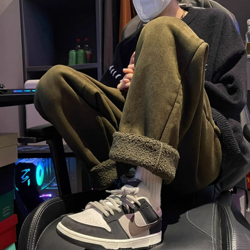 Women's Suede Thickened Straight Leg Pants Korean Style Wide Leg Autumn Winter New Student Fashion Casual Trousers