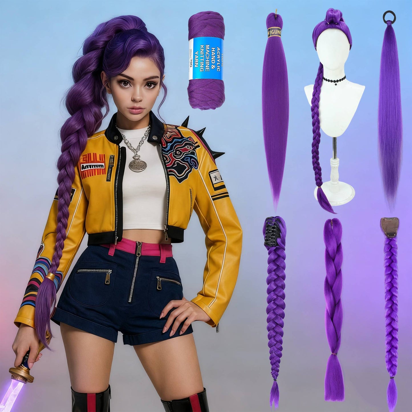 Peruca Cosplay Roxa Temática Wigundle para Personagem de Quadrinhos Festa de Halloween Encenação Peruca Sintética Resistente ao Calor Presente de Feriado Diário