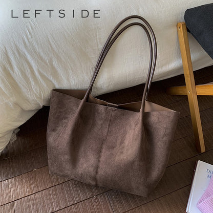 LEFTSIDE Women Faux Suede Shoulder Bag 2025 Winter Retro Soft Tote Bag Luxury Designer Trend Female High Capacity Handbags