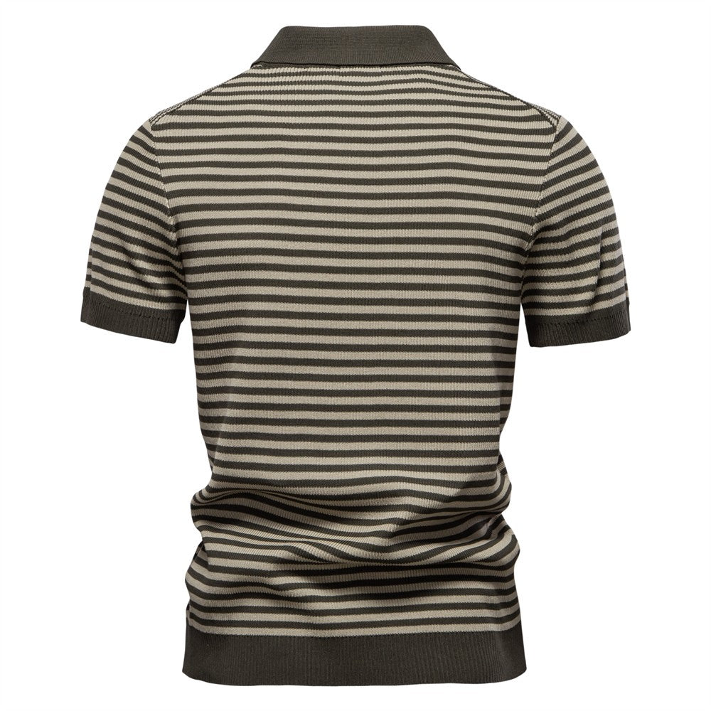 ?AIOPESON 2025 Men's Contrast Striped Polo Shirt - Lightweight V-Neck Knit Top with Breathable Textured Panels