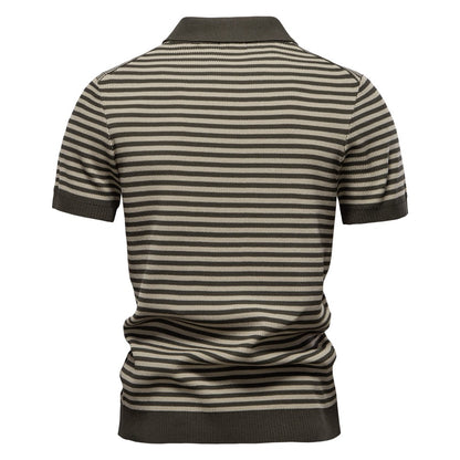?AIOPESON 2025 Men's Contrast Striped Polo Shirt - Lightweight V-Neck Knit Top with Breathable Textured Panels
