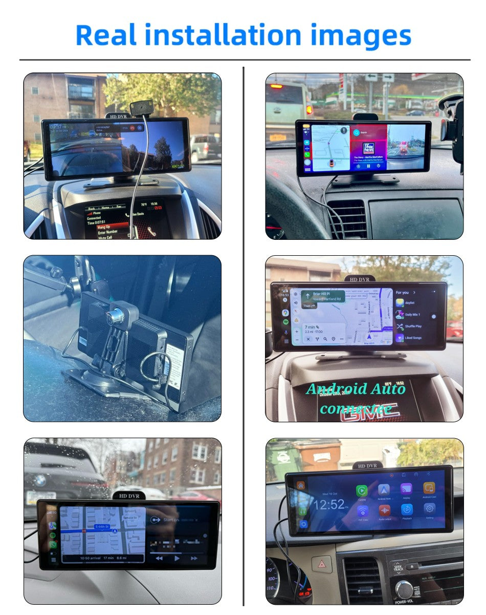 Gravador de Vídeo DVR 4K de 10/11,26 Polegadas com CarPlay e Android Auto Sem Fio, Câmera Veicular, Áudio Bluetooth, Navegação GPS e Duas Lentes para Painel