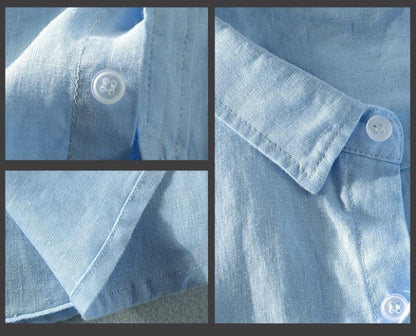 100% Linen Short Sleeve Shirt Men Cotton Linen Clothing Top Casual Summer Half Sleeve Shirt Loose Style Square Collar