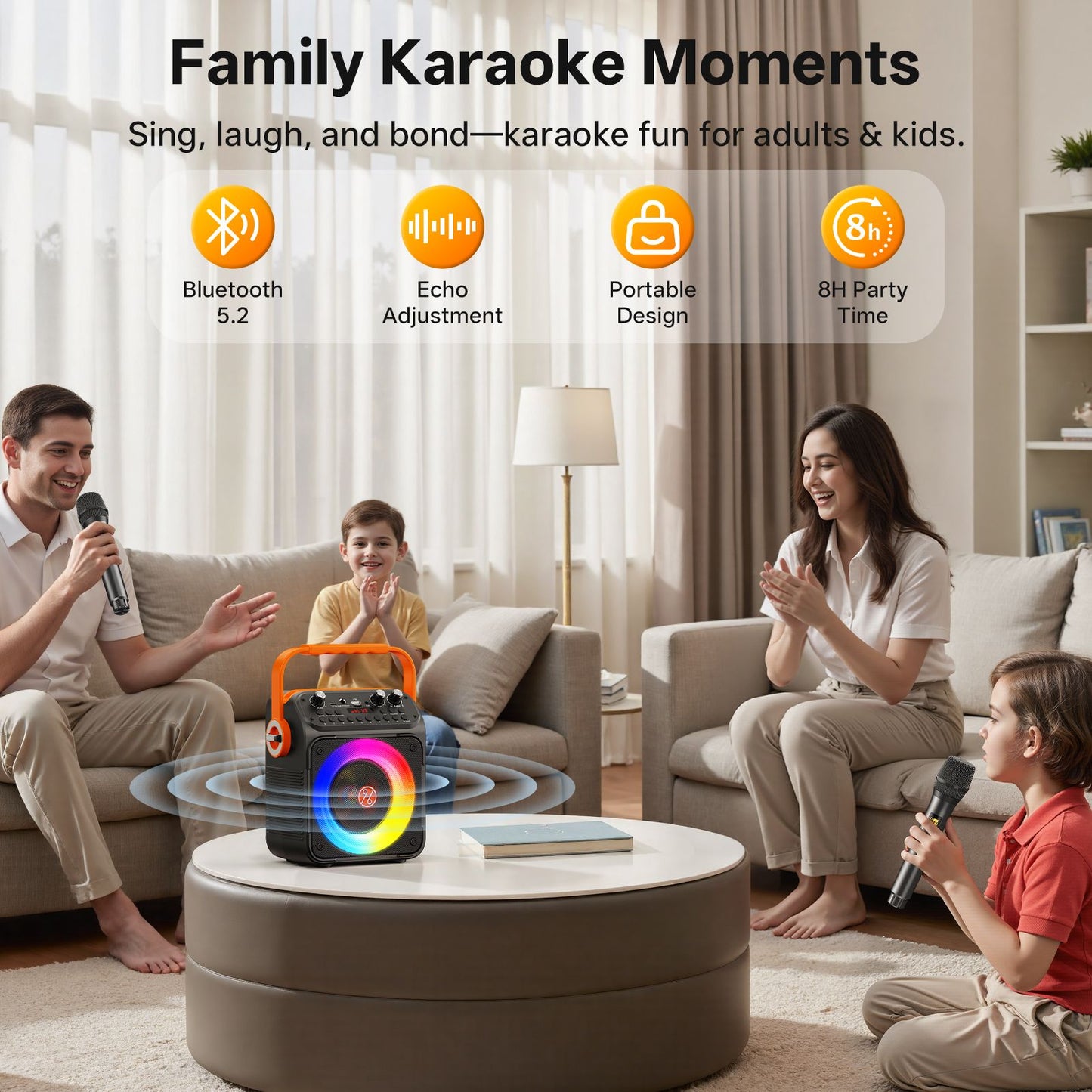 Caixa de Som Karaokê Bluetooth de Alta Potência T35, Luz Rítmica Musical, Som Estéreo Surround 360 Graus, Subwoofer Sem Fio com Microfone Duplo