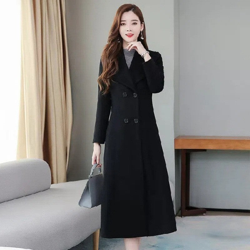 Plus Size Women's Overcoat Long Thickened Woolen Coat Long Collar Slim Fit Waist Cinched Outerwear Spring Autumn New Style Ho...