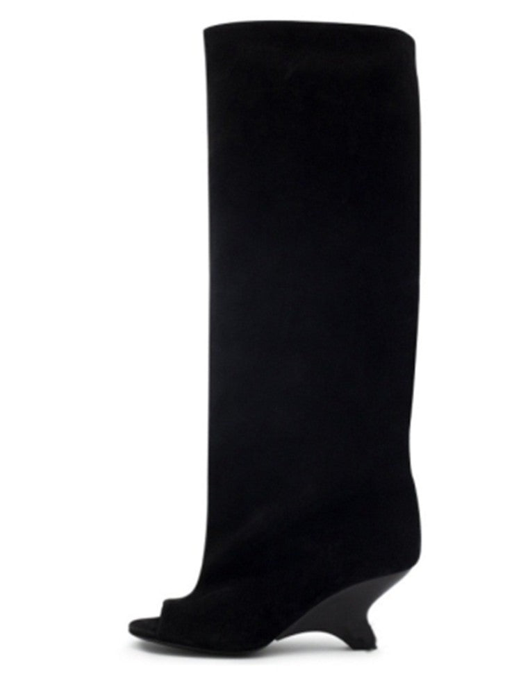 2025Spring and Autumn Fashion New Thick High Heels Women's Knee Length Wide Tube Version Fish Mouth Boots Middle Top Boots