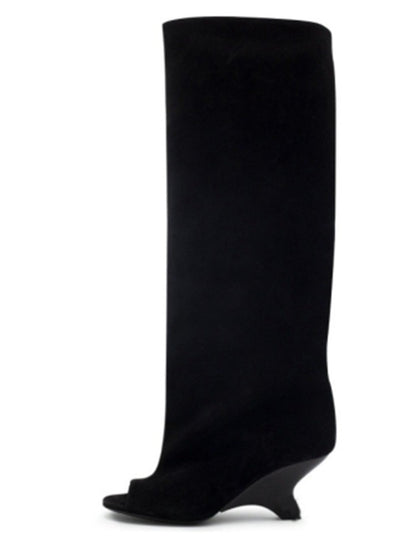 2025Spring and Autumn Fashion New Thick High Heels Women's Knee Length Wide Tube Version Fish Mouth Boots Middle Top Boots