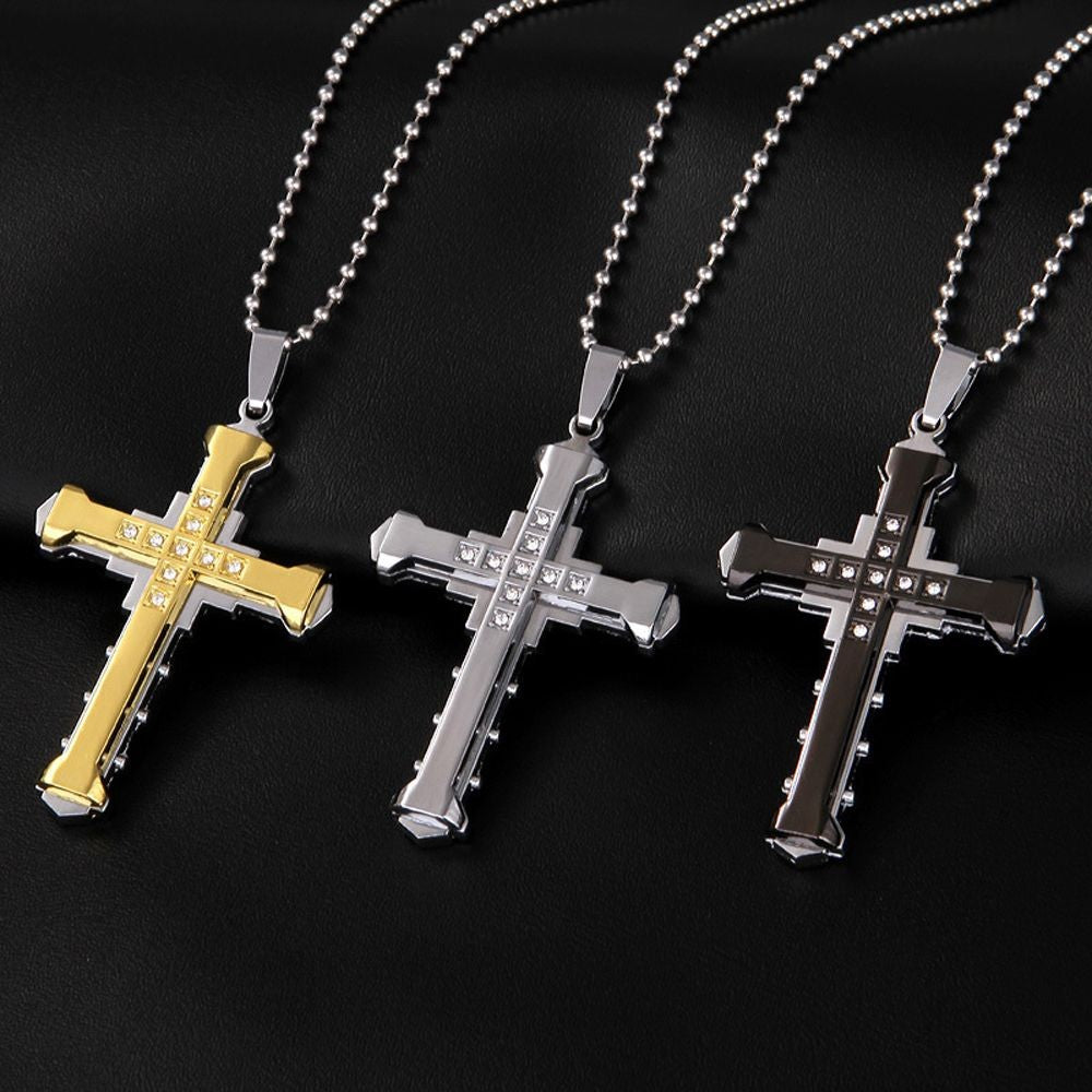 SUMENG 2025 Novo Colar Masculino de Aço Inoxidável com Pingente de Cruz de Cristal Jesus nas Cores Dourado/Preto/Azul e Zircônia