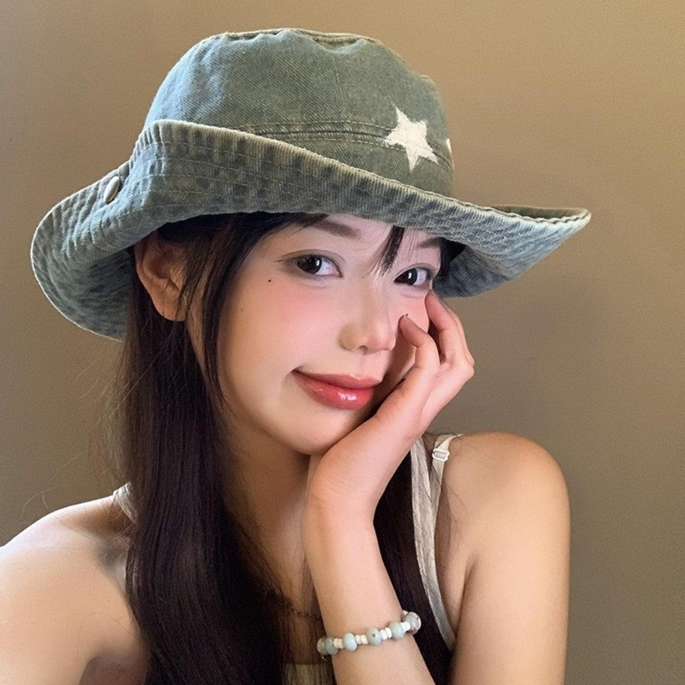 Kawaii Denim Star Fisherman Hat Wide Brim Y2K Outdoor Sun Hat Sunshade Adjustable Western Cowboy Hat Fishing