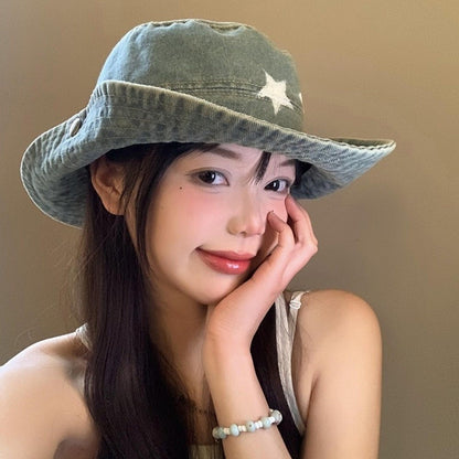 Kawaii Denim Star Fisherman Hat Wide Brim Y2K Outdoor Sun Hat Sunshade Adjustable Western Cowboy Hat Fishing