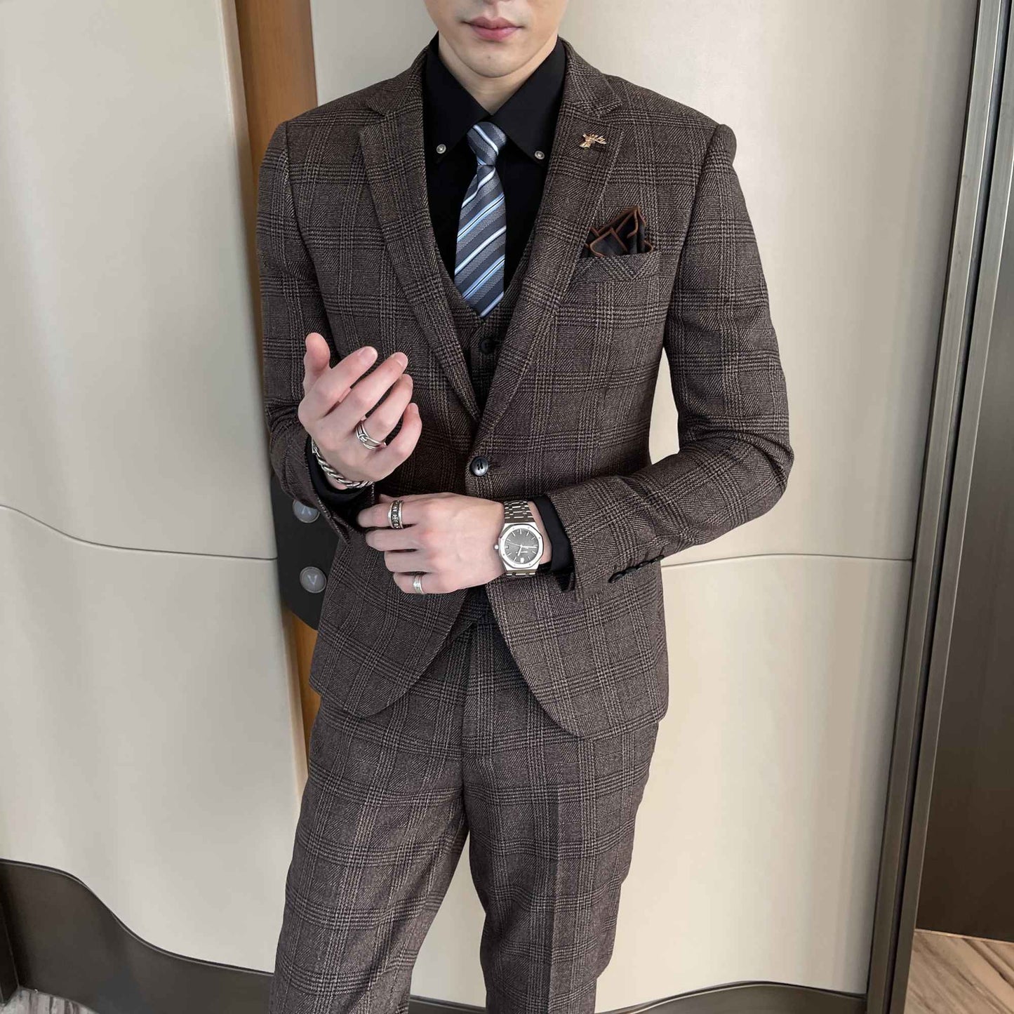 British Korean Style High Quality Modified Plaid Three-Piece Suit for Men - Stylish Business Casual Suit Vest And Trousers Set