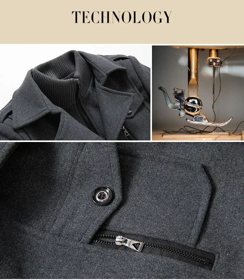 Fashion Middle Long Jacket Male Double Collar Zipper Coat Windbreak  Woolen Overcoat  Autumn Winter Wool Trench Coats