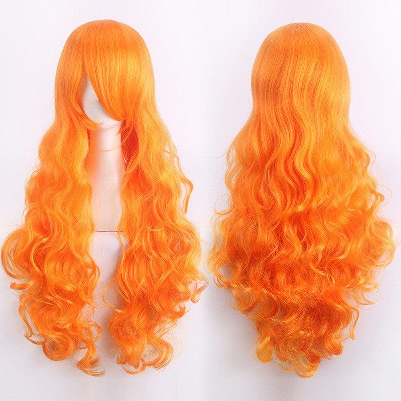 Peruca de anime colorida estilo cosplay europeu e americano, com rede de fivela para comércio exterior, universal, 80CM de comprimento, encaracolada de fibra sintética