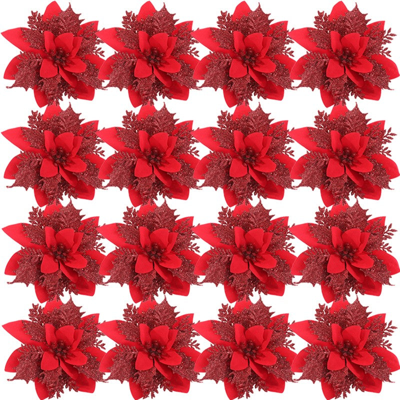 10PCS Glitter Artificial Christmas Flowers for Xmas Tree Ornament Fake Flower Floral with Clips New Year Party Home Decoration