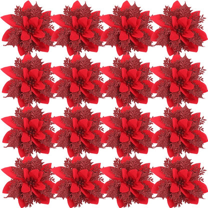10PCS Glitter Artificial Christmas Flowers for Xmas Tree Ornament Fake Flower Floral with Clips New Year Party Home Decoration