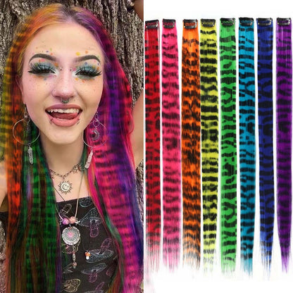 Extensões de Cabelo de Pena Coloridas 8 Peças 45cm Estampa de Listras de Animais Presilha de Cabelo Sintético Arco-Íris para Cosplay, Festas, Festivais