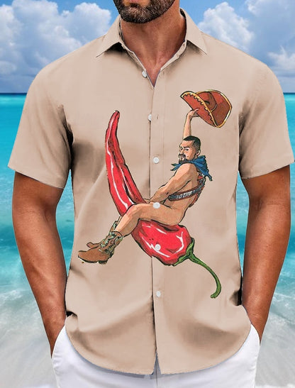 Summer Men's Funny Cowboy Pepper Shirts Short SleeveTurndown Hawaiian Shirt Button Up Shirts No Pockets Shirts
