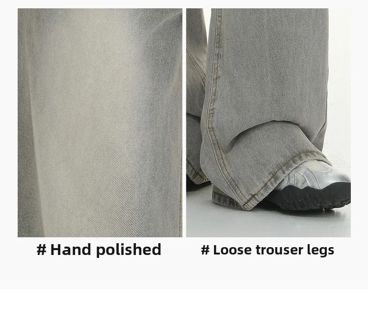 Gray American High Street Wide Leg Jeans Women Loose Drapey Slim Straight Floor-Length Pants High Waist Button Decoration