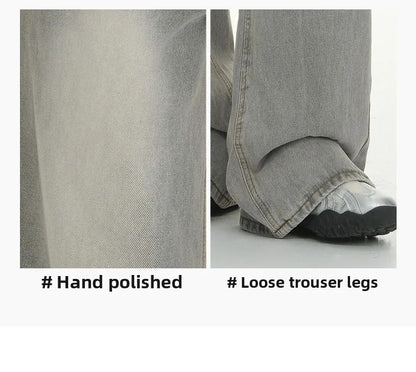 Gray American High Street Wide Leg Jeans Women Loose Drapey Slim Straight Floor-Length Pants High Waist Button Decoration