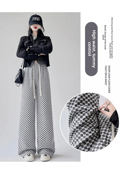 High Waist Wide Leg Pants Women's Autumn Winter New Style Lazy Casual Fleece Woolen Plaid Trousers Fashionable Comfortable