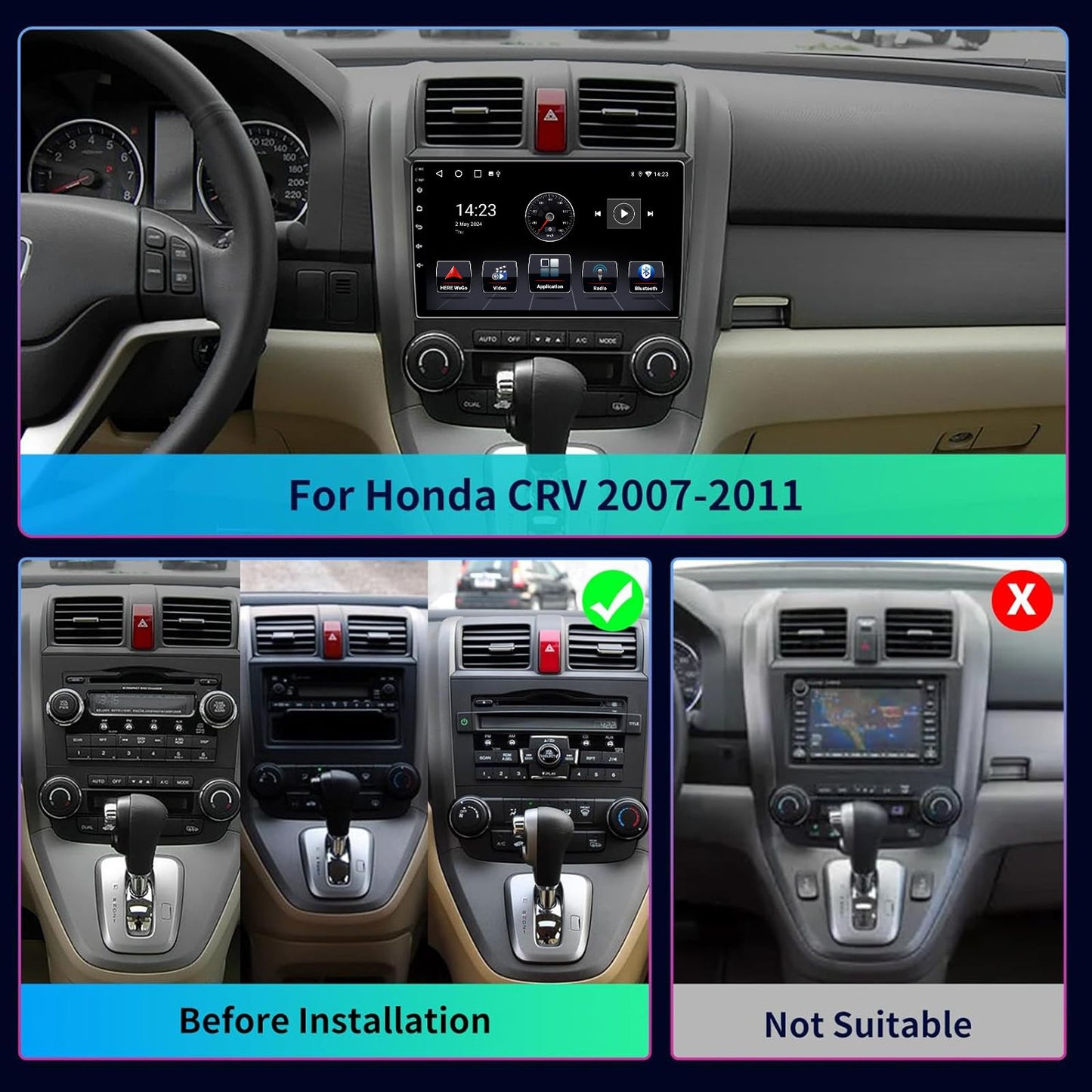 4+64G For Honda CR-V CRV 2007-2011 Android14 Carplay 9" Car Stereo Radio WiFi BT USB GPS Navigation IPS Touch Screen FM/RDS SWC