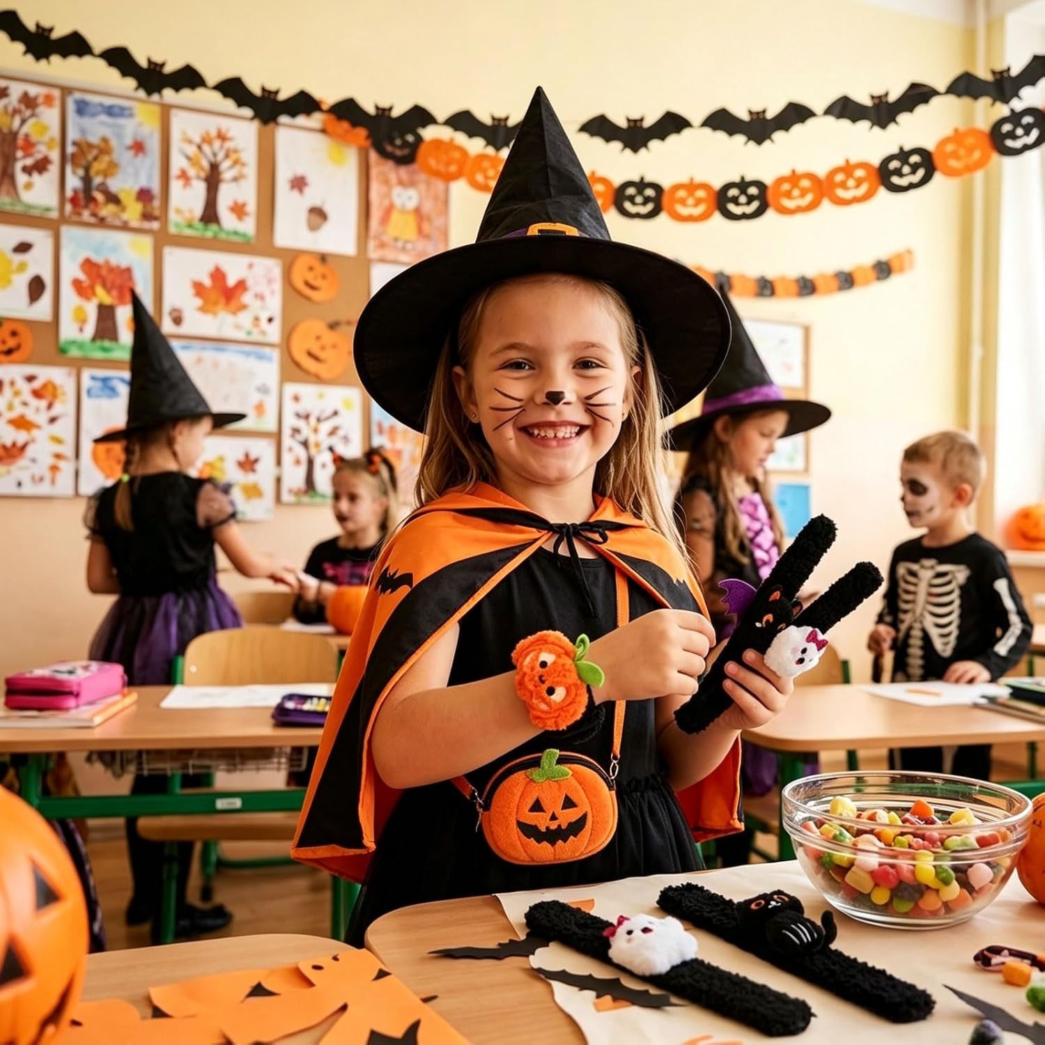 12-48Pcs Halloween Stuffed Slap Bracelets Ghost Plush Trick or Treat Gift Bag Fillers Halloween Party Favors Classroom Prizes