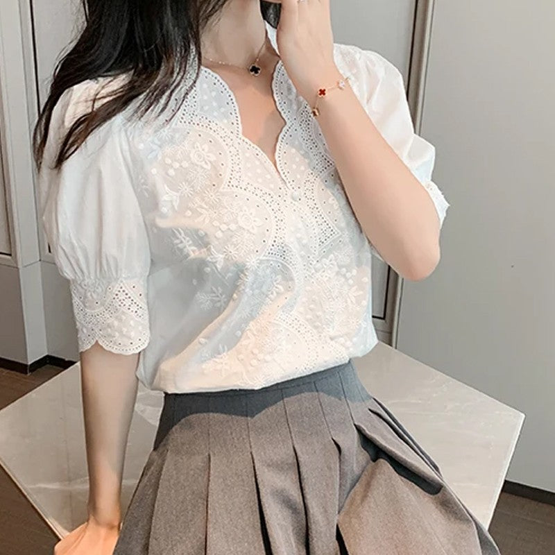 Summer Lace Embroidery Woman Blouse Fashion Hollow Out Stylish Elegant White Shirts Vintage Casual Half Sleeve Tops Blusas 13102
