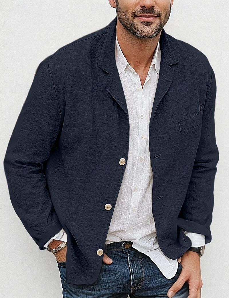 Men's Loose Simple Solid Color Small Suit Long-Sleeved Jacket Cotton and Linen Temperament Small Suit