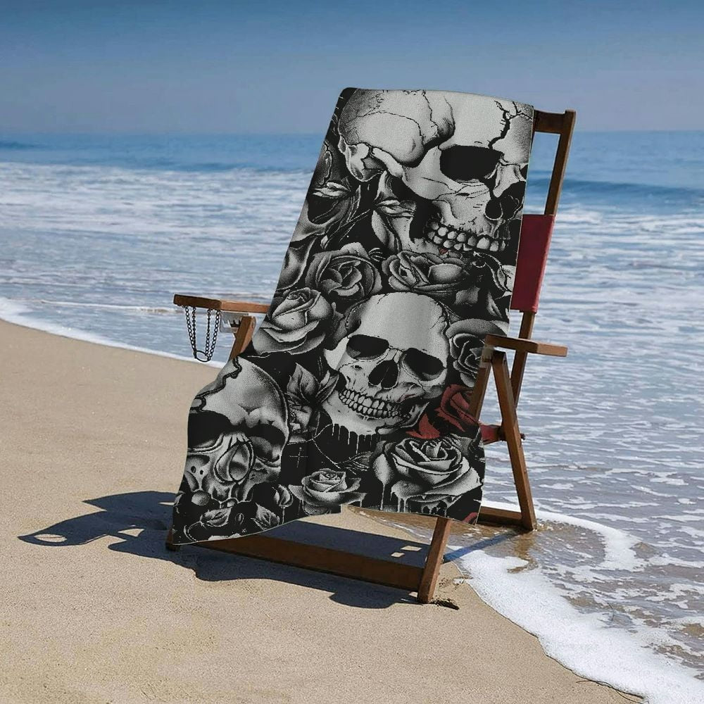 Gothic Skulls and Roses Bath Towel - Soft Absorbent, Perfect for Adults | Intricate Black and White Skeleton with Rose Design