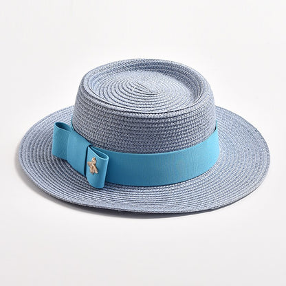 Novos Chapéus de Palha Primavera Verão Femininos de Superfície Ondulada, Topo Reto, Laço, Boné de Vestido, Chapéu de Sol para Viagem e Praia, Gorra