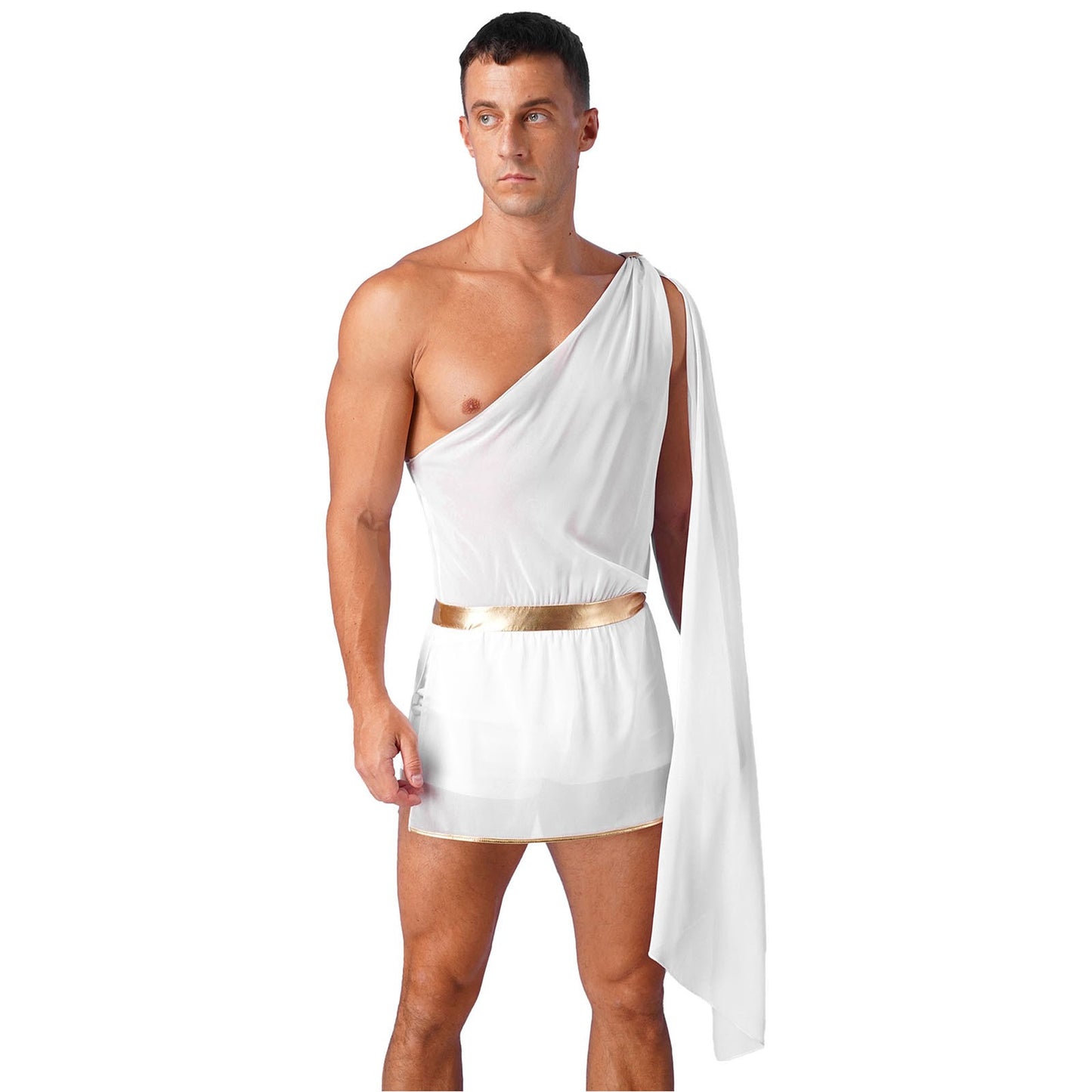 Greek God Costume White Men Mr Toga Cosplay Costumes One Shoulder with Slit Skirts Tunic Jumpsuit Nightclub Carnival Dress Up