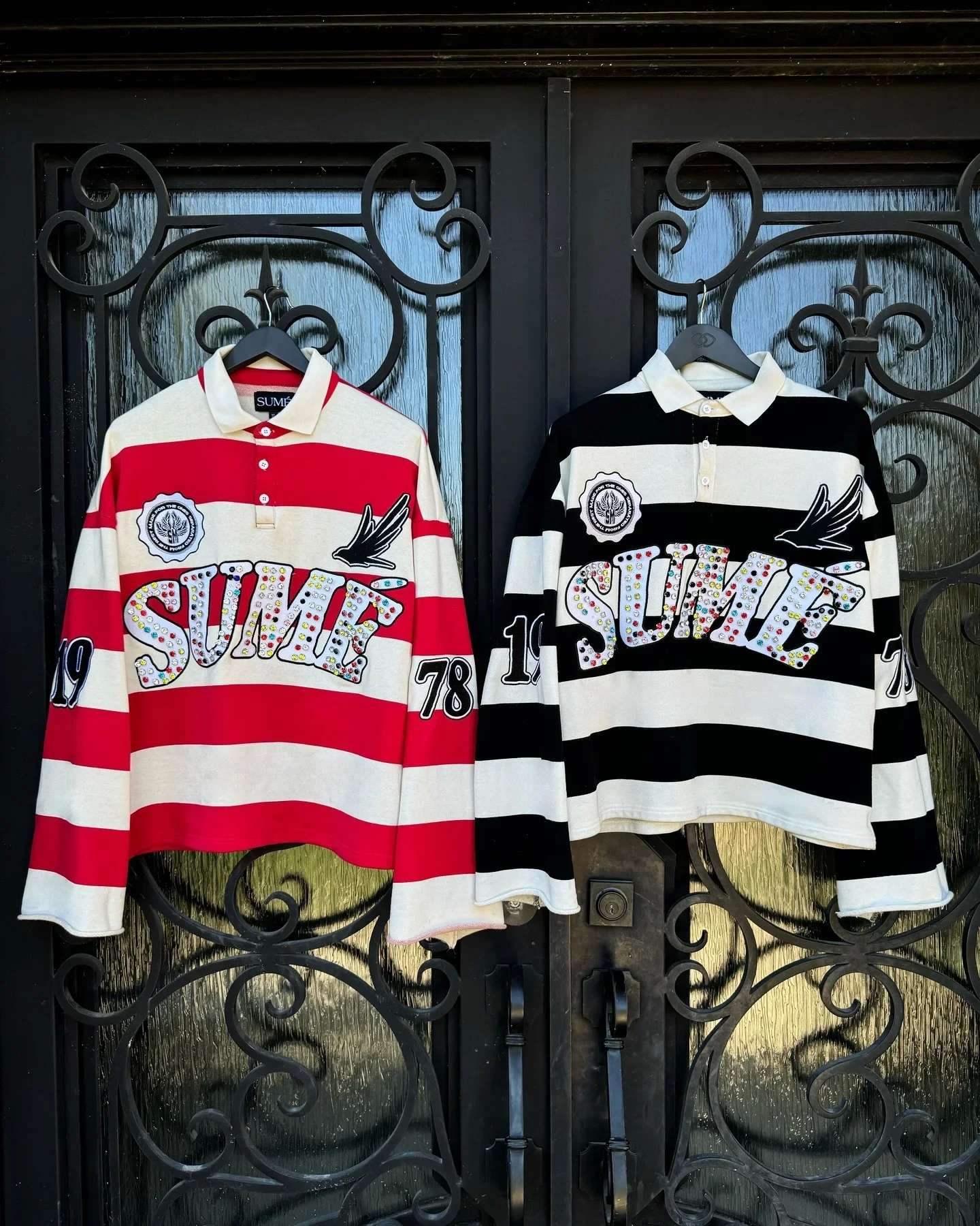 New Sume Gem Stone Embroidery Rugbys Long Sleeved T-shirt Men Women Harajuku Hip Hop Stripe Polo Shirt Classics Lapel Neck Shirt
